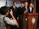Senate Minority Leader Sen. Mitch McConnell and other GOP Senate leaders speak to journalists on Tuesday. Senate Minority Leader Sen. Mitch McConnell and other GOP Senate leaders speak to journalists on Tuesday.