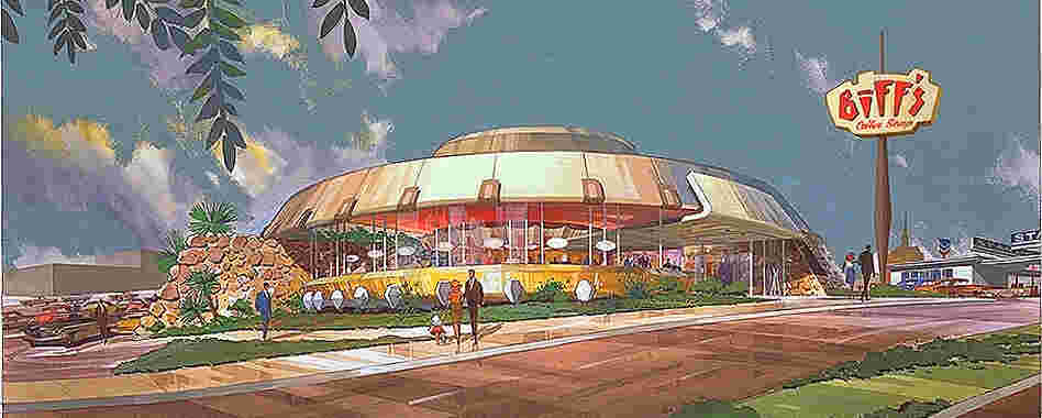 Unidentified Fashion Object: A 1963 rendering shows the design for Biff's Coffee Shop in Oakland, Calif. "It almost looked like a flying saucer," says Victor Newlove of Armet Davis Newlove Architects. "It looks like it's about ready to lift off." Unidentified Fashion Object: A 1963 rendering shows the design for Biff's Coffee Shop in Oakland, Calif. "It almost looked like a flying saucer," says Victor Newlove of Armet Davis Newlove Architects. "It looks like it's about ready to lift off."