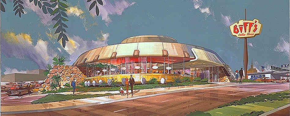 Unidentified Fashion Object: A 1963 rendering shows the design for Biff's Coffee Shop in Oakland, Calif. "It almost looked like a flying saucer," says Victor Newlove of Armet Davis Newlove Architects. "It looks like it's about ready to lift off." Unidentified Fashion Object: A 1963 rendering shows the design for Biff's Coffee Shop in Oakland, Calif. "It almost looked like a flying saucer," says Victor Newlove of Armet Davis Newlove Architects. "It looks like it's about ready to lift off."