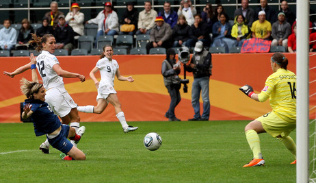 Lauren Cheney of the U.S. scores an early goal after a low, hard pass from Heather O'Reilly, during the FIFA Women's World Cup 2011 semifinal match with France in Moenchengladbach, Germany. Lauren Cheney of the U.S. scores an early goal after a low, hard pass from Heather O'Reilly, during the FIFA Women's World Cup 2011 semifinal match with France in Moenchengladbach, Germany.