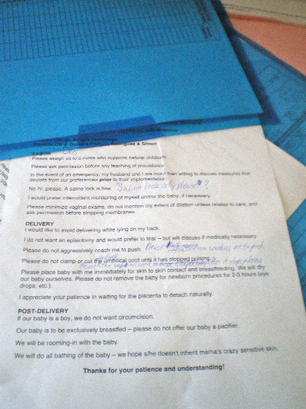Lateefah's draft of her birth plan, along with other paperwork she and her husband have to bring to the hospital.