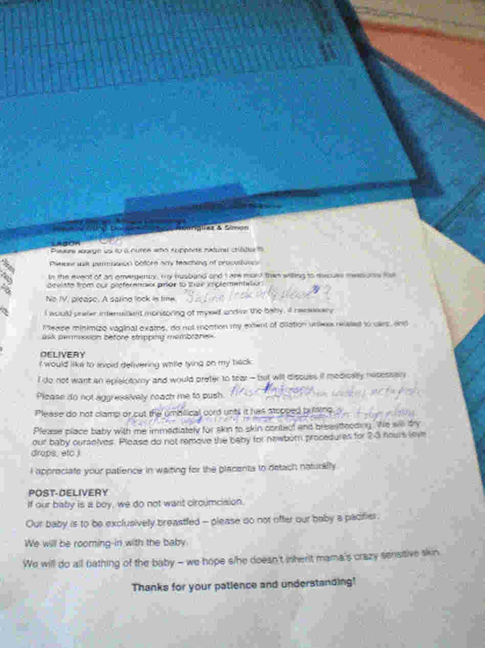 Lateefah's draft of her birth plan, along with other paperwork she and her husband have to bring to the hospital.