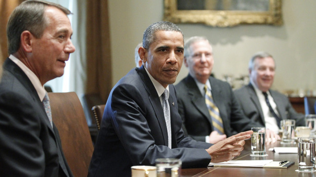 President Obama sits with (from left) House Speaker John Boehner (R-OH), Senate Minority Leader Mitch McConnell (R-KY) and Sen. Dick Durbin (D-IL) during a meeting Wednesday at the White House on raising the debt ceiling. While the president negotiates with congressional leaders to avoid a possible debt default next month, some lawmakers say they won't vote to raise the debt ceiling.