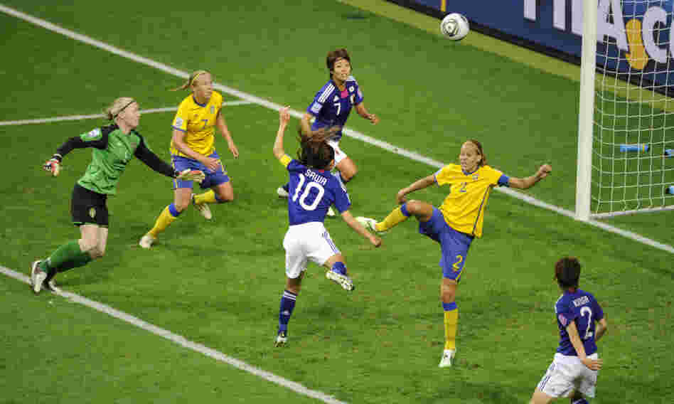 Japan's midfielder Homare Sawa (10) scores the go-ahead goal against Sweden in their Women's World Cup semifinal match. Sawa has four goals in the tournament.