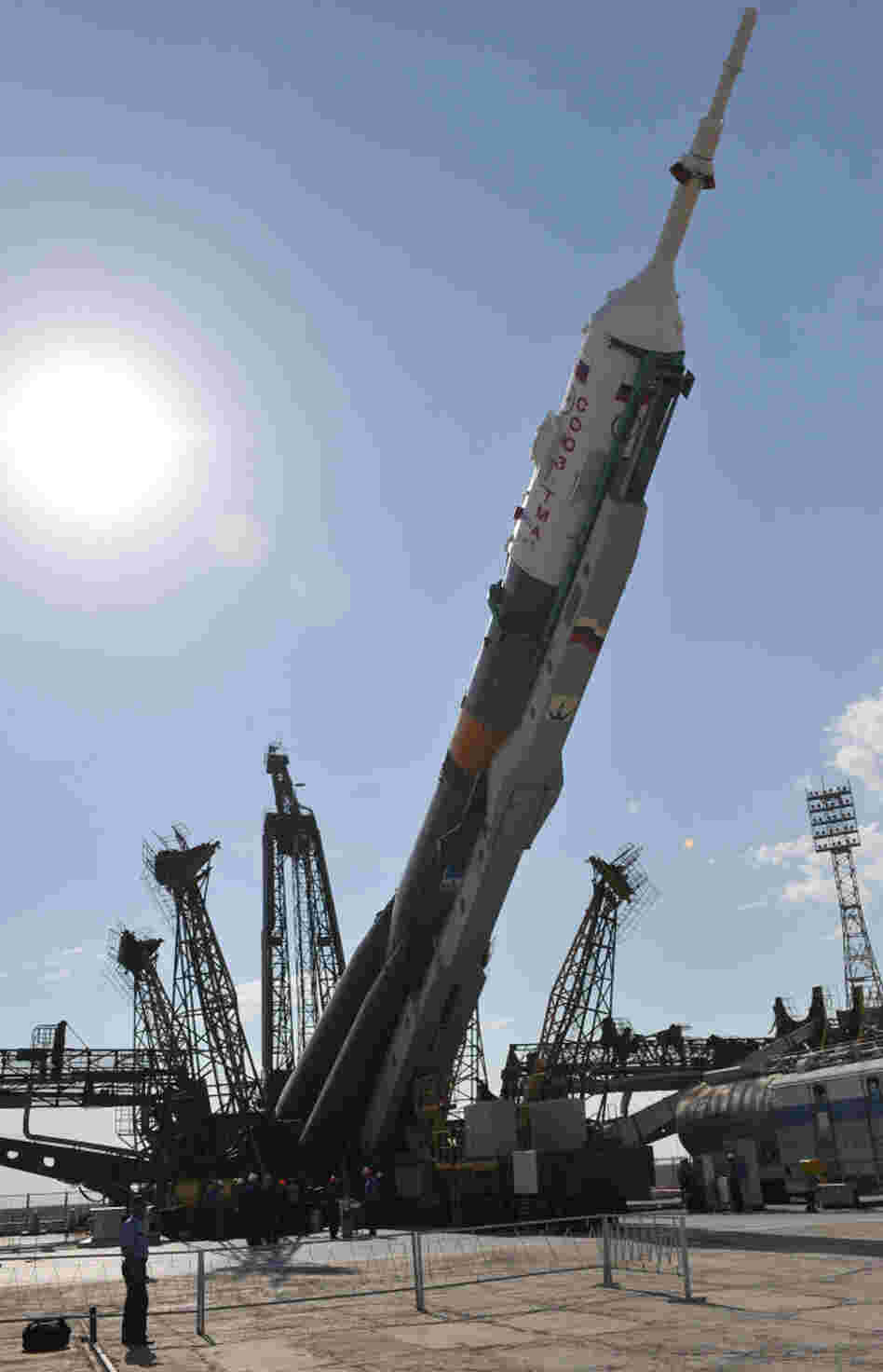 A Russian Soyuz rocket is mounted at a launchpad on June 5.