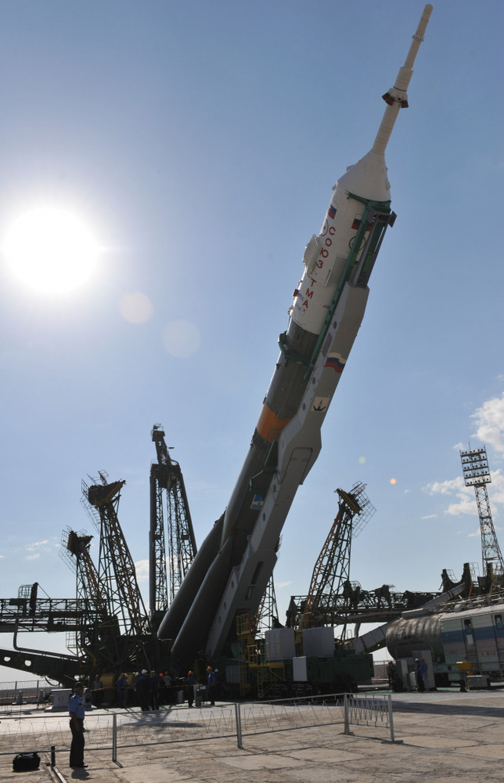 A Russian Soyuz rocket is mounted at a launchpad on June 5.