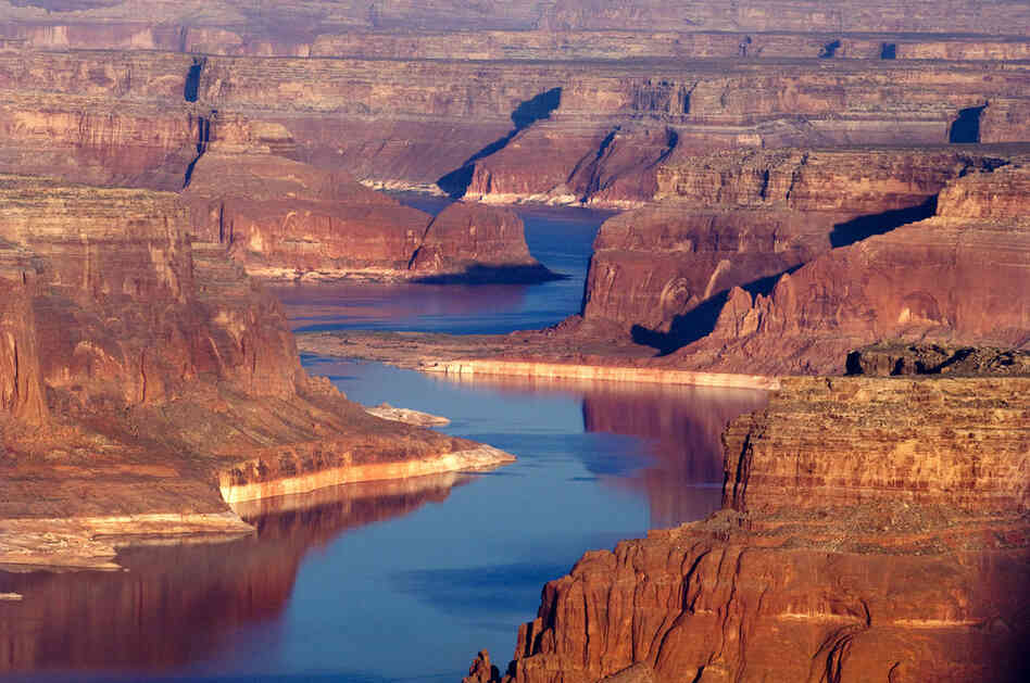 The Colorado River winds through the upper canyons of Lake Powell, Utah.