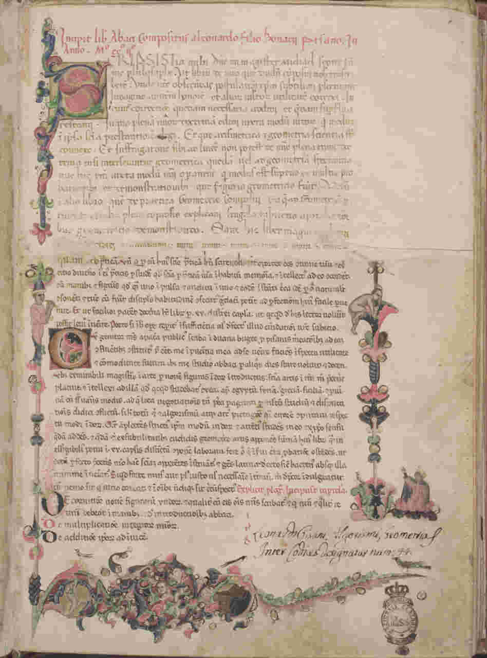 The Latin phrase filius bonacci, in the first line of the Liber Abaci manuscript (above), gave rise to Leonardo da Pisa's modern nickname, Fibonacci. Click Here For A Closer Look