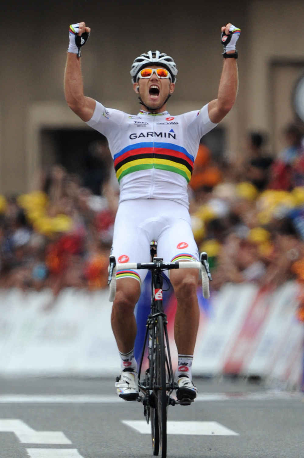 Norway's Thor Hushovd celebrates his stage win at the finish line.