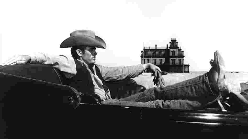 James Dean on the set of the 1956 film Giant, which was filmed on the Ryan Ranch, west of the town of Marfa. The skeleton of the mansion in the background still stands on the ranch today.