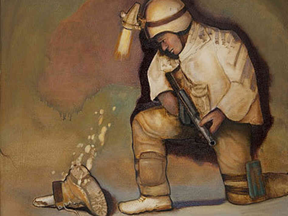 A 32"x 34" oil on canvas painting by Bill Blahd titled "Young Soldier on Battlefield Discovering Religion," created in 2010. A 32"x 34" oil on canvas painting by Bill Blahd titled "Young Soldier on Battlefield Discovering Religion," created in 2010.