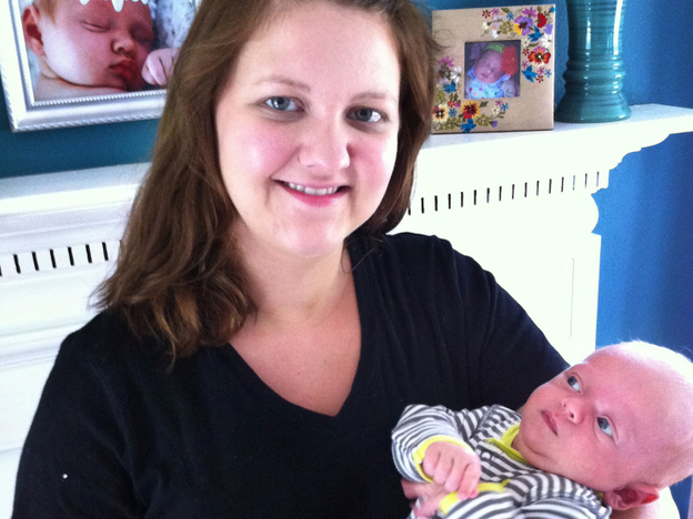 Caroline Nagy and her now 8-week-old infant in Youngstown, Ohio. Nagy says she had labor induced early at 39 weeks because she was uncomfortable and felt as though she was neglecting her other child.