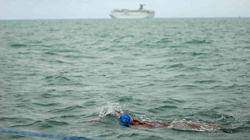 A cruise ship heads for open waters in the background as Diana Nyad fights the choppy water during a training swim. She says the focus needed for the swim has been  unlike anything in her life.  "I'll just keep swimming until I see land  and get out.  You've got to want to do something like this."