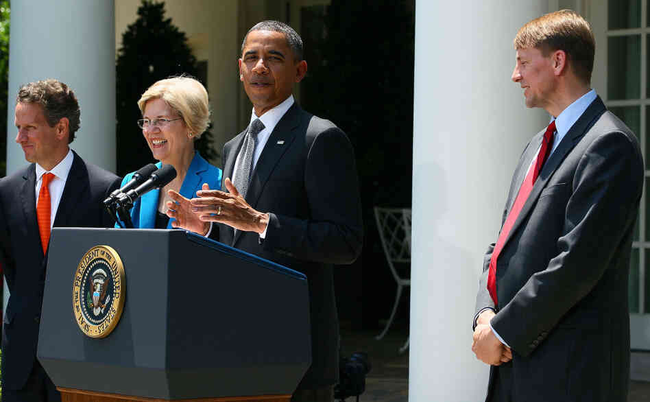 President Obama at his announcement of Richard Cordray as his choice to lead the Consumer Financial Protection Bureau. Elizabeth Warren and Treasury Secretary Timothy Geithner also attended.