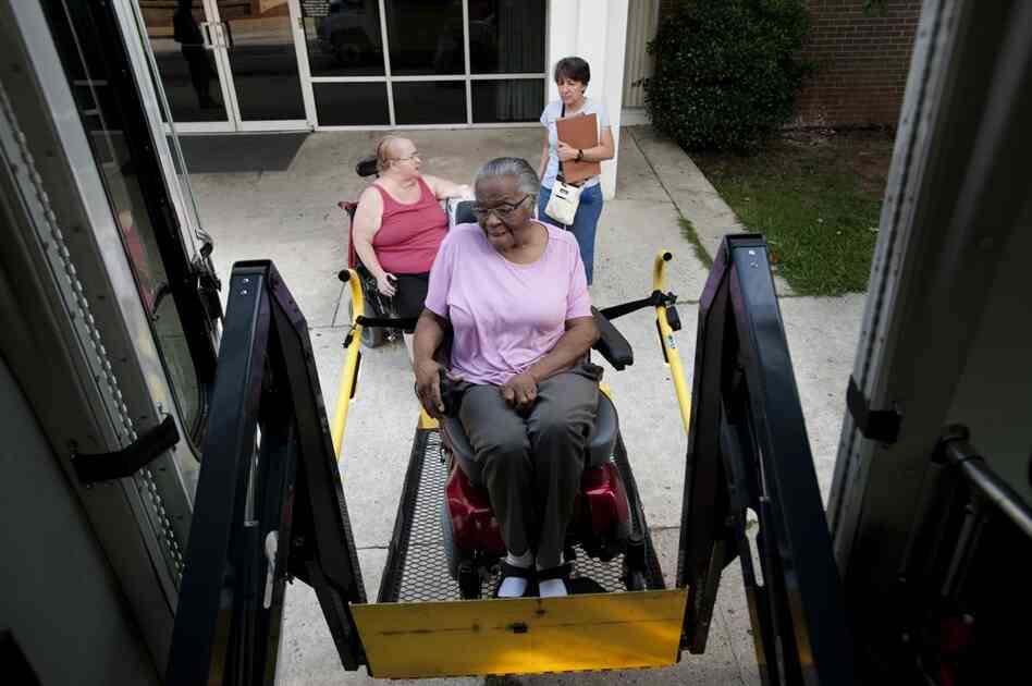 Six years ago, Hendrix was sent to a different nursing home for physical therapy and was told it would be a short-time stay. But the therapy took longer than expected and she lost her apartment. Here, she is lifted into a van for the ride to her new home.
