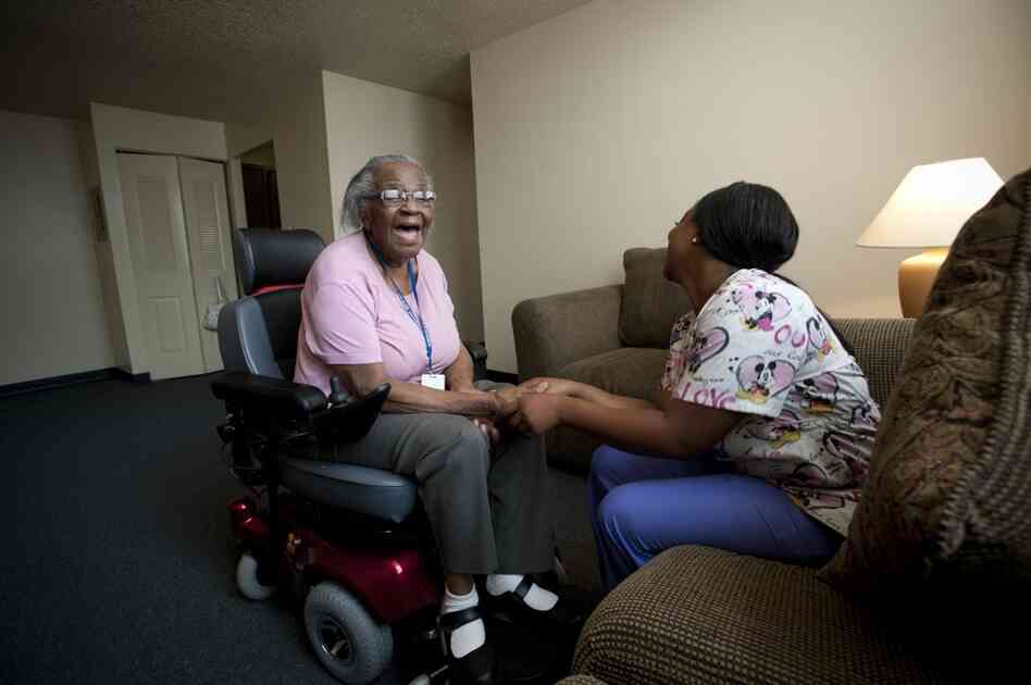 Hendrix and nurse aide Jessica Allen get to know each other after her home has been set up. An aide comes for two hours in the morning and two hours at night to help Hendrix get out of bed, take a bath and with household chores. That still costs the state less than it paid for the round-the-clock care that's available in a nursing home.