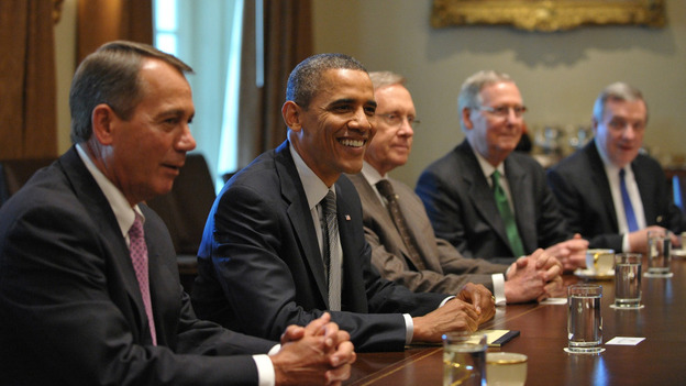 They're still talking. President Obama and leaders from Congress will continue deficit-reduction negotiations. July 14, 2011 file photo taken at the White House. From left to right: House Speaker John Boehner (R--OH); Obama; Senate Majority Leader Harry Reid (D-NV); Senate Minority Leader Mitch McConnell (R-KY); Senate Majority Whip Richard Durbin, (D-IL).