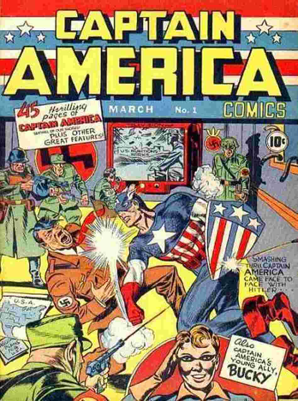 Cover of 1941's Captain America Comics #1, on which Cap puts der fist to der Fuhrer. Cover of 1941's Captain America Comics #1, on which Cap puts der fist to der Fuhrer.