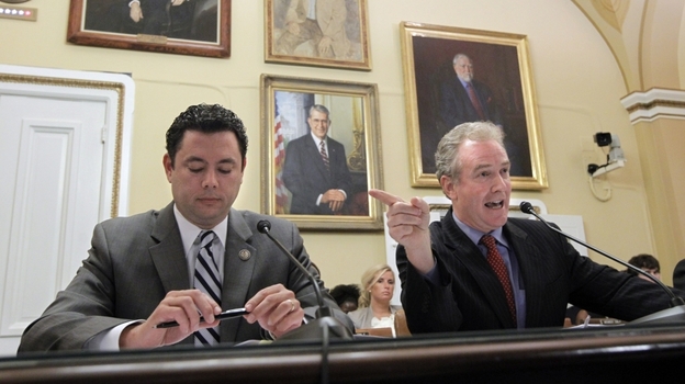 Maryland Rep. Chris Van Hollen (right), the ranking Democrat on the House Budget Committee, spars with Utah Republican Jason  Chaffetz as they testify before the House Rules Committee on the Cut, Cap and Balance plan Monday at the Capitol.