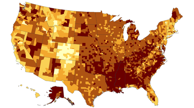 The darker the color, the larger the proportion of the population that is obese. In the darkest brown counties, more than 30 percent of people are obese, according to 2008 data.