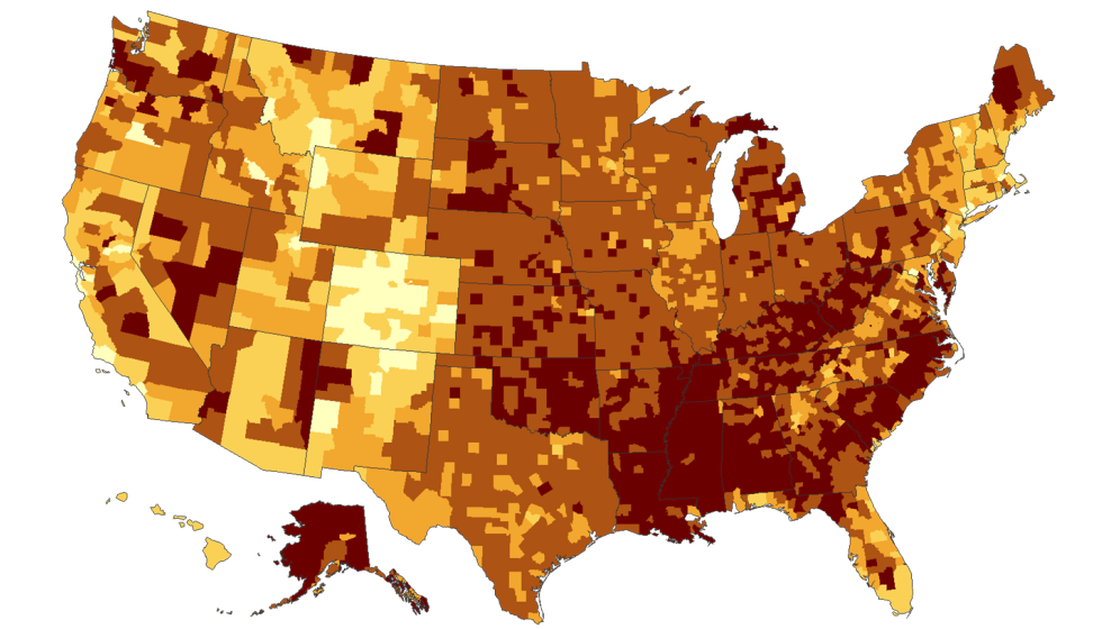 The darker the color, the larger the proportion of the population that is obese. In the darkest brown counties, more than 30 percent of people are obese, according to 2008 data.