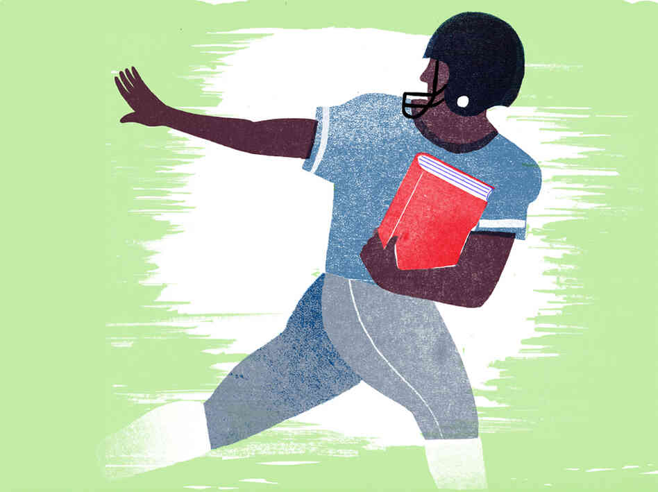 Illustration of a football player running with a book. Illustration of a football player running with a book.