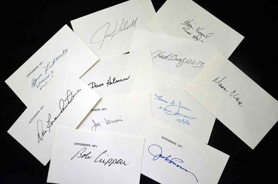 Various autographs from space shuttle-era astronauts, including Bob Crippen, the shuttle's first pilot, and Dan Brandenstein, the commander of shuttle Endeavour's maiden mission. Three hundred fifty-five astronauts from 16 nations flew on the space shuttle. 