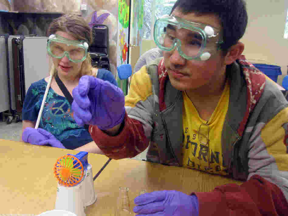 Campers Mary Church and Jimmy Cong use their sense of smell to detect whether a chemical reaction has taken place. Campers Mary Church and Jimmy Cong use their sense of smell to detect whether a chemical reaction has taken place.