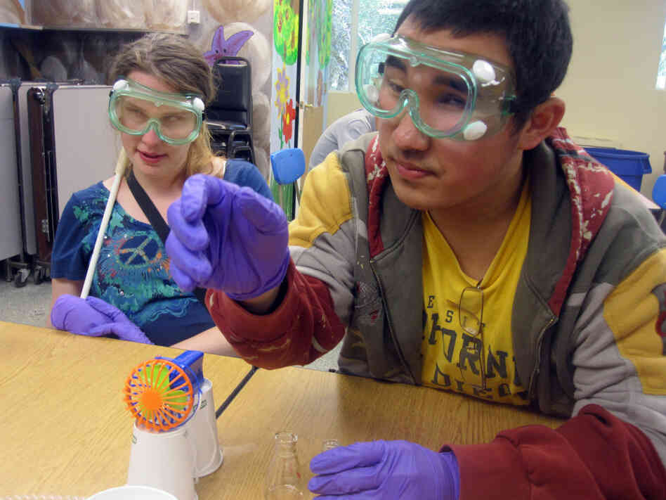 Campers Mary Church and Jimmy Cong use their sense of smell to detect whether a chemical reaction has taken place. Campers Mary Church and Jimmy Cong use their sense of smell to detect whether a chemical reaction has taken place.