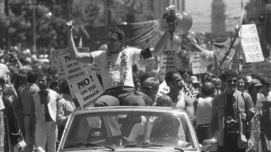 San Francisco Supervisor Harvey Milk is seen in the city's 7th annual gay freedom parade in 1978. Milk was the first openly gay man to be elected to public office in California. Earlier this month, the state became the first in the nation to mandate teaching of gay history in social studies classes. San Francisco Supervisor Harvey Milk is seen in the city's 7th annual gay freedom parade in 1978. Milk was the first openly gay man to be elected to public office in California. Earlier this month, the state became the first in the nation to mandate teaching of gay history in social studies classes.