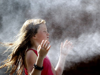 Leena Allen, 9, tries to beat the miserable heat by standing in front of a misting fan during a visit to the Saint Louis Zoo in St. Louis, Mo.