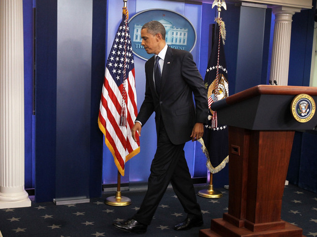 President Obama leaves the White House press briefing room after discussing the breakdown in debt-ceiling talks with Speaker John Boehner, July 22, 2011.