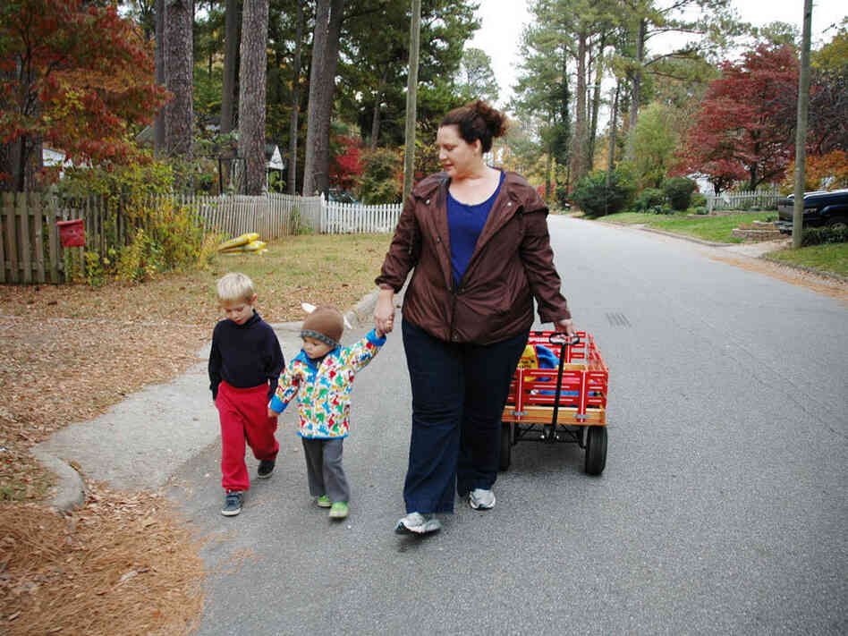 As  part of her  exercise routine, Curtis starts most mornings walking  a gaggle of neighborhood toddlers to their day care.