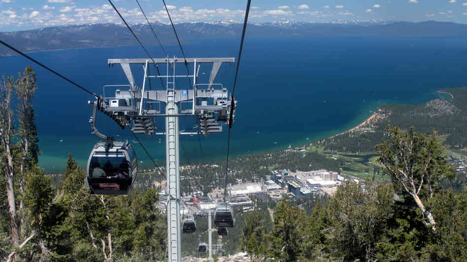 Lake Tahoe's South Shore as seen from a ski resort's gondola. Lake Tahoe's South Shore as seen from a ski resort's gondola.