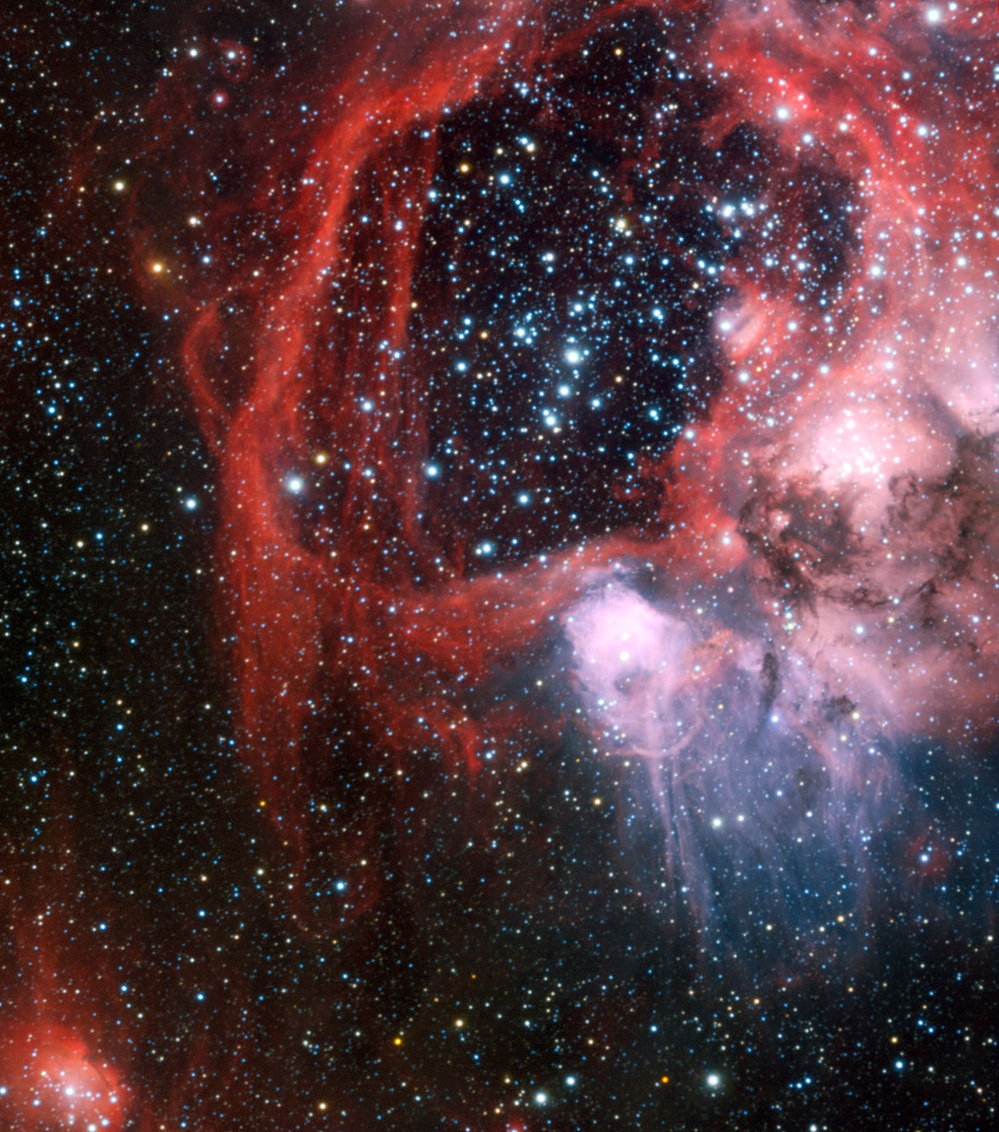 The European Southern Observatory's Very Large Telescope in Chile captured this striking view of the nebula around the star cluster NGC 1929 within the Large Magellanic Cloud, a satellite galaxy of our own Milky Way separated by a mere 179,000 light years.