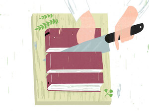Illustration: A chef cuts up a book. Illustration: A chef cuts up a book.