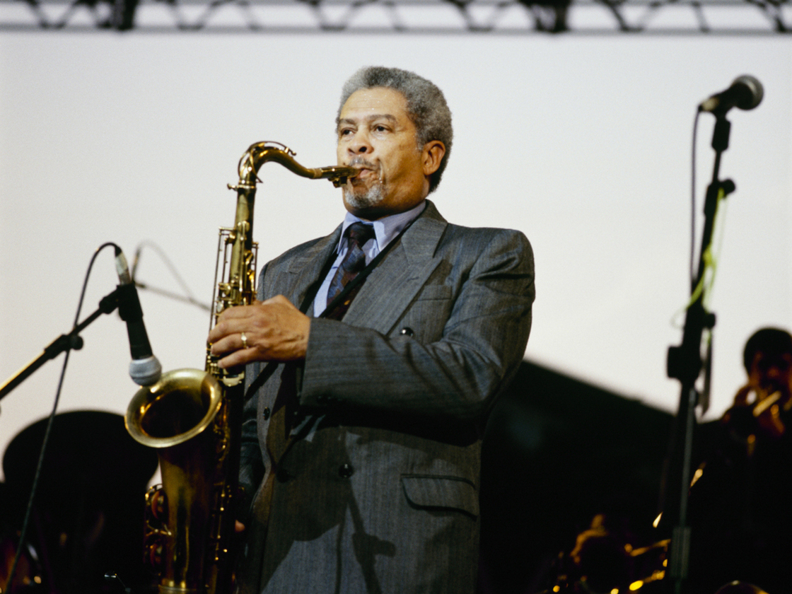 American jazz saxophonist Frank Foster performs on stage circa 1981.