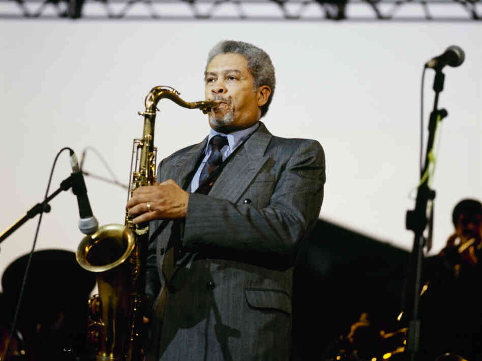 American jazz saxophonist Frank Foster performs on stage circa 1981.