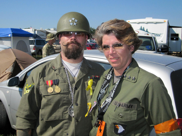 Allied Gen. John Holme, aka "Mad Kow" (left), and Nicky Angel Valor are seen at the "Invasion of Normandy" paintball battle — the largest event of its kind in the world.  "This is our Superbowl," Valor says.