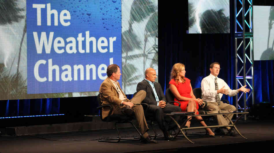 Bob Walker, Executive Vice President and General Manager of Networks and Content, The Weather Channel, meteorologists Jim Cantore and Stephanie Abrams and hurricane expert Dr. Rick Knabb speak during The Weather Channel portion of the 2011 Summer TCA Tour on Wednesday.