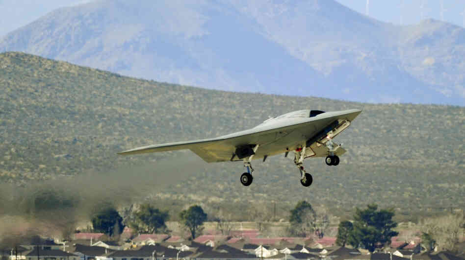 A drone takes its first flight at Edwards Air Force Base in California in February. In the near future, drones could be used outside of the military for things like traffic helicopters or flying jumbo jets.