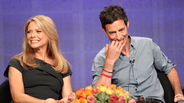 Actors Faith Ford and Tom Cavanagh speak during the presentation of Debbie Macomber's Trading Christmas at the Television Critics Association press tour on Wednesday.