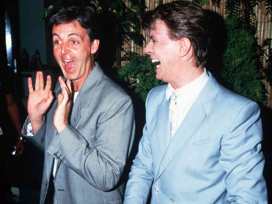 Paul McCartney and David Bowie backstage at Live Aid on July 13, 1985. Paul McCartney and David Bowie backstage at Live Aid on July 13, 1985.