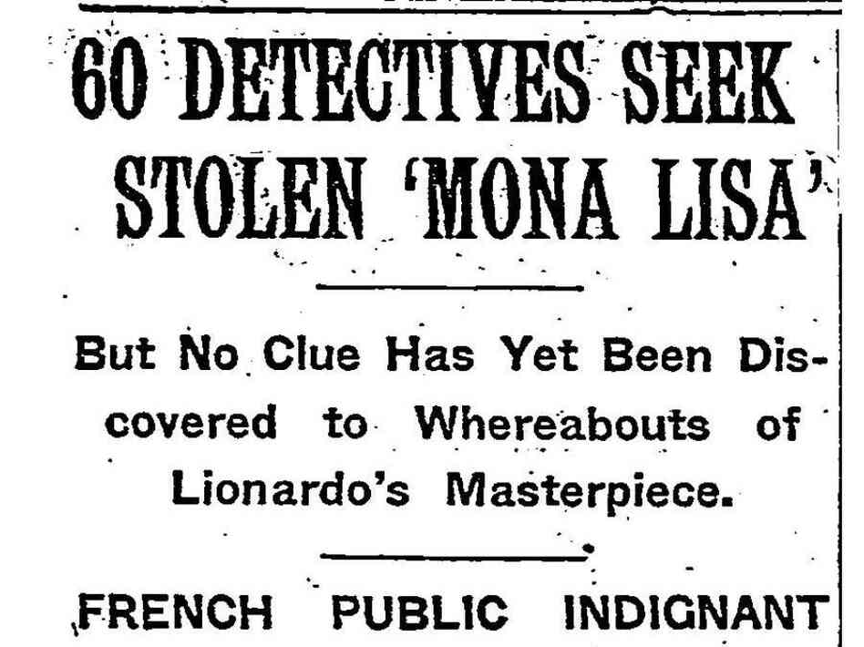A New York Times headline from August 24, 1911, reported the investigation into the disappearance of the "Mona Lisa."