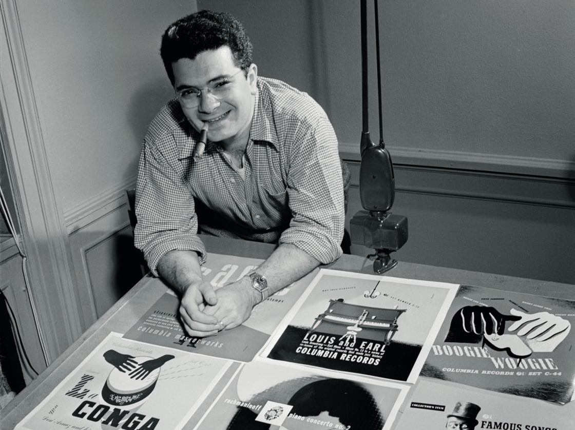 Alex Steinweiss photographed for DownBeat Magazine at his home studio, 1947.
