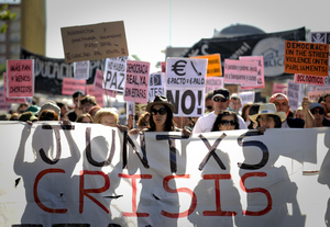 Thousands demonstrate outside the Spanish parliament in Madrid last month in a protest against rampant unemployment and biting austerity measures. Thousands demonstrate outside the Spanish parliament in Madrid last month in a protest against rampant unemployment and biting austerity measures.