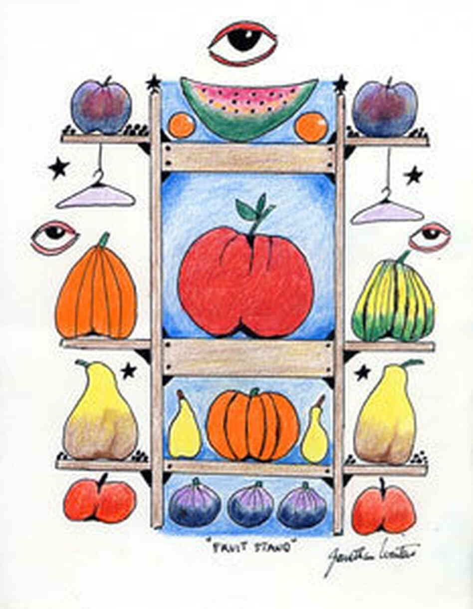 Jonathan Winters' drawing "Fruit Stand" features his trademark eyes, coat hangers and fruit.