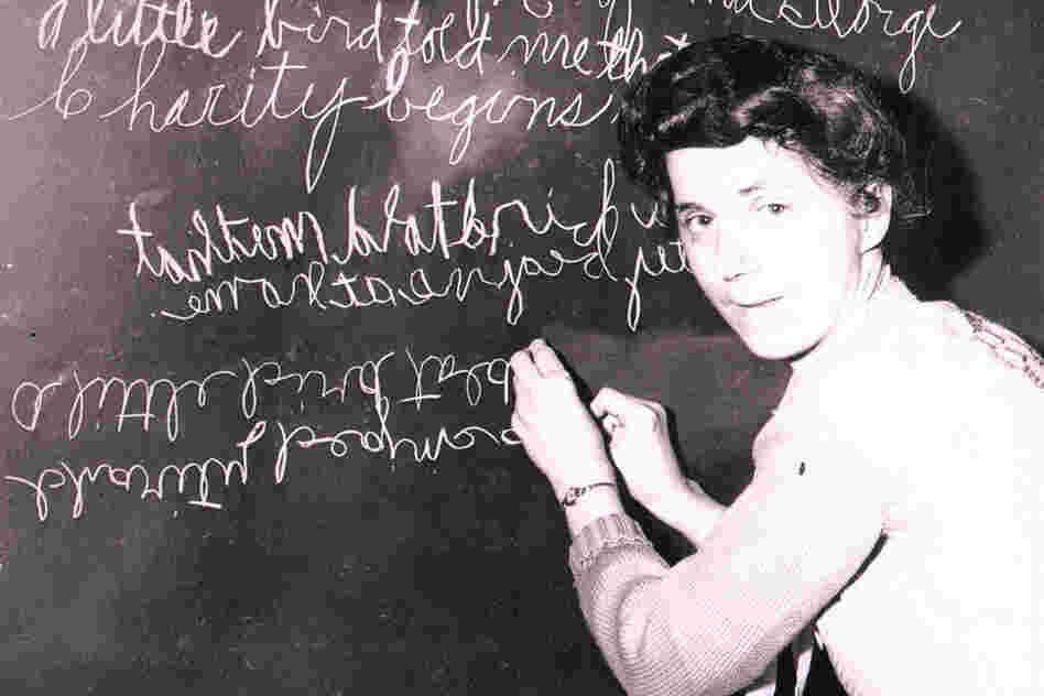 Zelma George of Canton, Ohio, could write forwards, backwards, upside down — and could write a different sentence with each hand simultaneously, 1948.