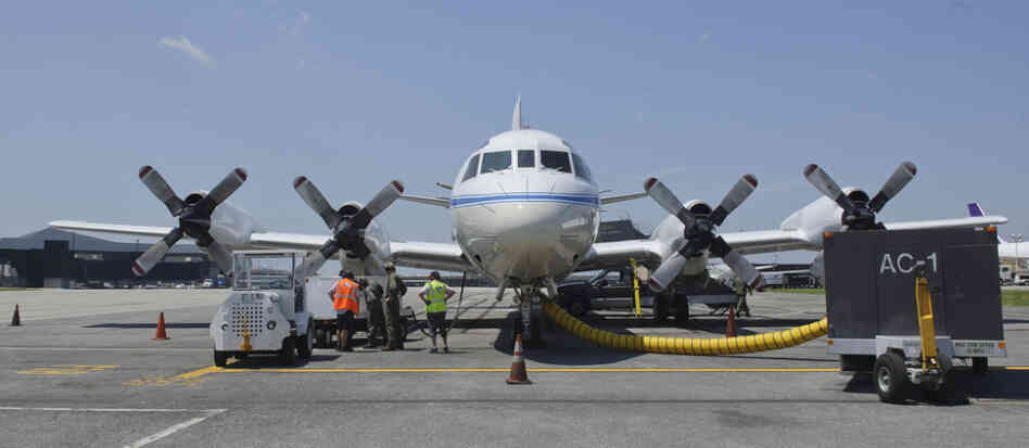 The P-3B NASA research aircraft, seen on the tarmac at Baltimore Washington International Airport on June 28, will gather data as it flies spirals over six ground stations in Maryland.