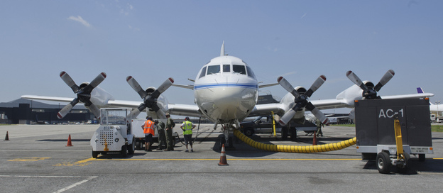 The P-3B NASA research aircraft, seen on the tarmac at Baltimore Washington International Airport on June 28, will gather data as it flies spirals over six ground stations in Maryland.
